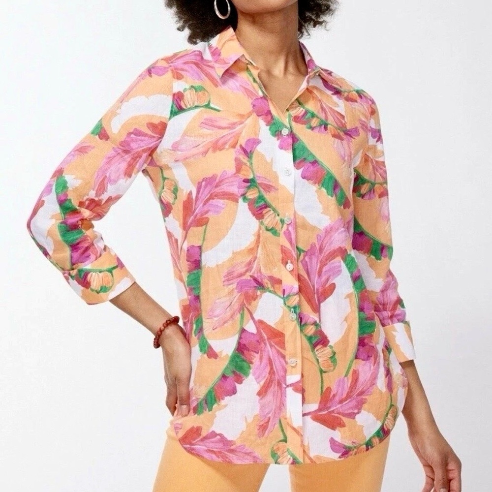 Chico’s No Iron Linen 3/4 Sleeve Shirt Women’s Sz L Button Front Floral Colorful